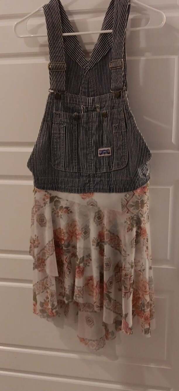 Big Smith Vintage Railroad Stripe Overalls Remade Floral Skirt Dress